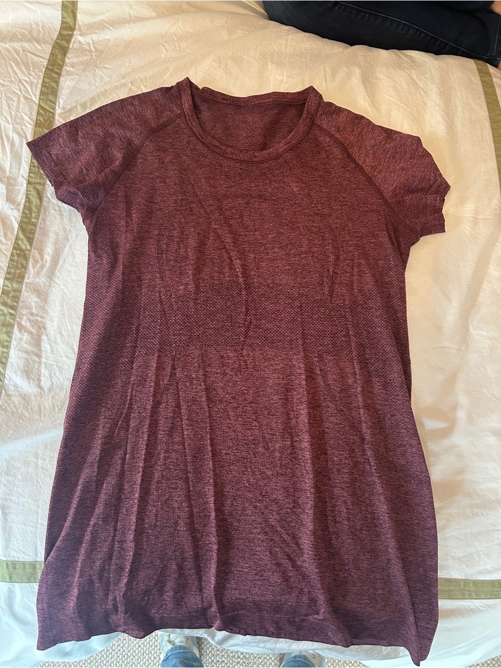 LULULEMON Dark Purple/Maroon Swiftly Short Sleeve Top, great worn, size 10